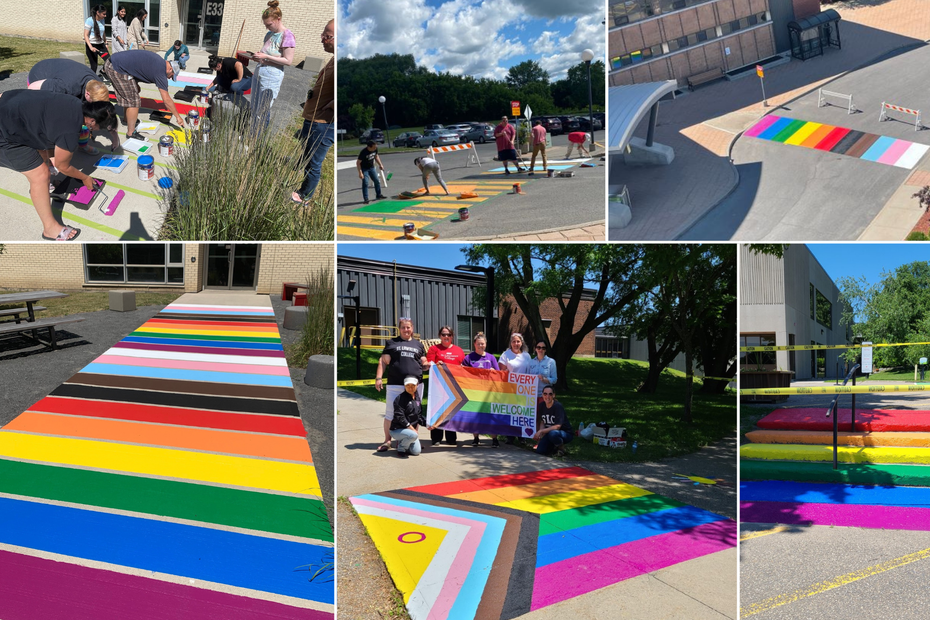 Clockwise from top left: Kingston campus Pride painting party; Cornwall campus Pride painting party; rainbow walkway on Cornwall campus; rainbow stairs on Brockville campus; rainbow walkway on Brockville campus; rainbow walkway on Kingston campus.